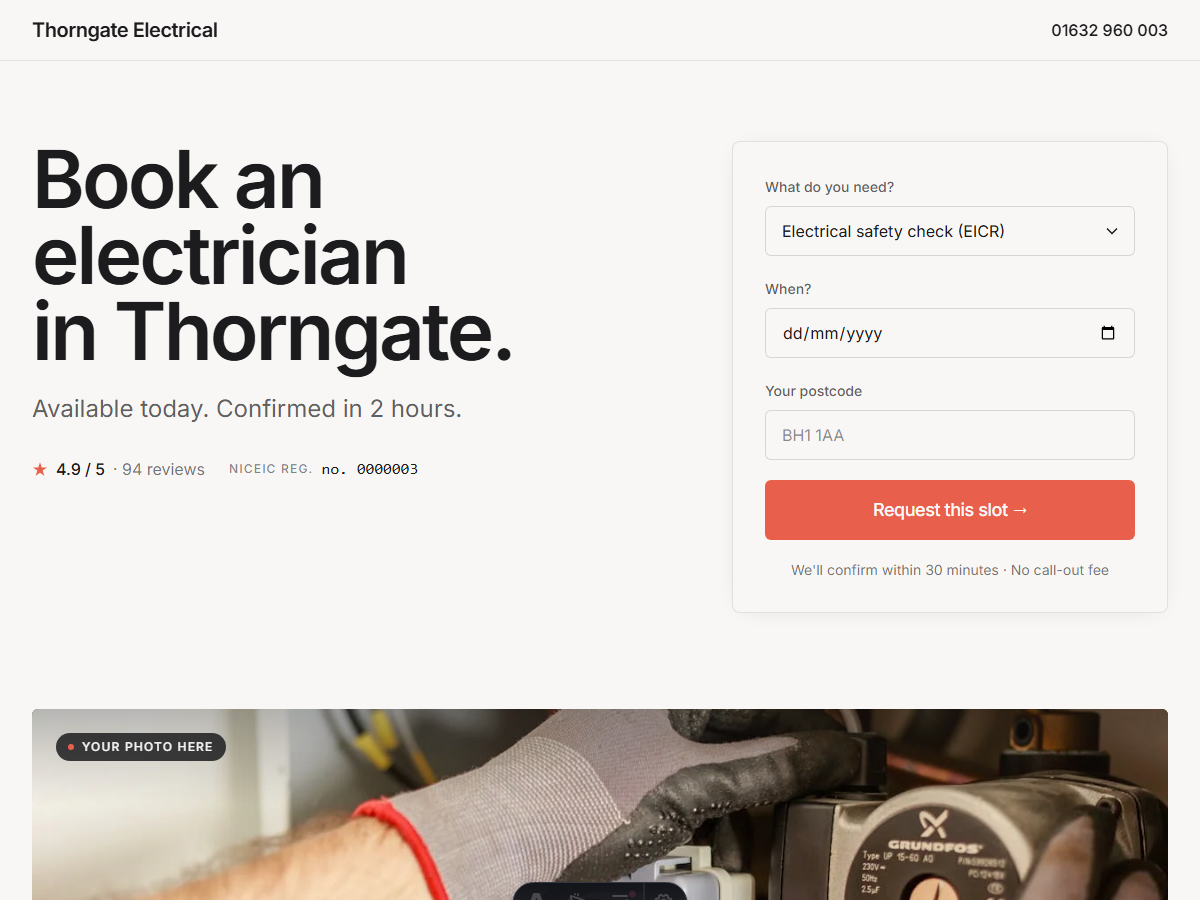 Modern Professional style — booking-focused, clean and direct